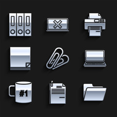 Sticker - Set Paper clip, File document and paper, Document folder, Laptop, Coffee cup flat, Printer and Office folders with papers documents icon. Vector