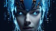 Female bot face on dark digital background. Artificial intelligence in virtual reality. Robot head conceptual design closeup portrait
