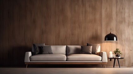 Wall Mural - Modern living room in house with contemporary interior design, comfortable sofa, carpet on floor, lamplight lamp, decor on table and wooden panel on copy space background