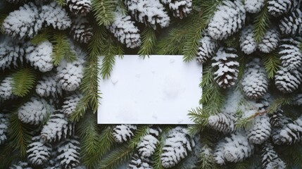 Wall Mural - Creative layout made of Christmas tree branches with snow and paper card note. Flat lay. Nature New Year concept.