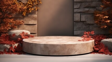 Poster - Autumn showcase made of natural stone, autumn foliage. Empty Podium presentation cosmetics. Minimalistic branding scene.