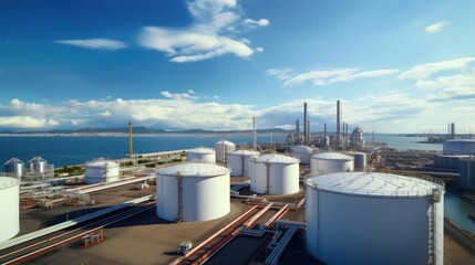 Poster - Aerial view oil terminal storage tank, White oil tank storage chemical petroleum petrochemical refinery product at oil terminal, Business commercial trade fuel energy transport by tanker ship vessel.