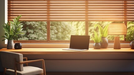 Poster - 3D render close up of a modern working space fine teak wood table with computer laptop, books, table lamp and decor leaves plants by the window with sun shade roller blind. Space for products overlay.