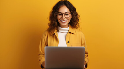 Wall Mural - Smiling cheerful smart woman wearing casual teenage clothes using laptop computer pose looking at camera isolated color background