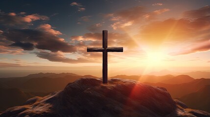Aufkleber - Jesus Christ cross on an amazing mountain sunset background with dramatic lighting and sunbeams. Easter, resurrection concept. Christian wooden cross