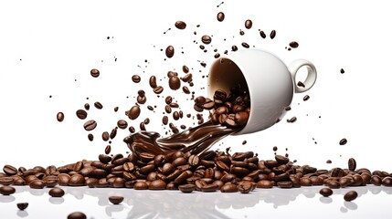 Wall Mural - coffee beans spilling out of a cup isolated on white