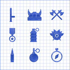 Poster - Set Hand grenade, Compass, Medieval shield with crossed axes, Bullet, Military reward medal, Crossed medieval and Police rubber baton icon. Vector