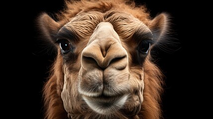 Poster -  a close - up of a camel's face with a black back ground and a black back ground behind it.