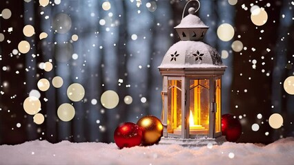 Wall Mural - Christmas Lantern On Snow With Fir Branch