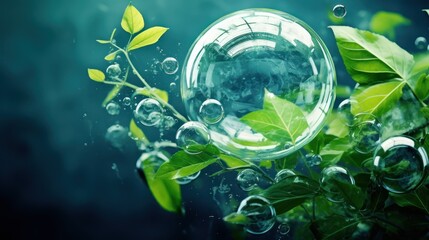 Wall Mural -  a green plant with leaves and bubbles floating in the air on a blue and green background with a clock in the center of the image.