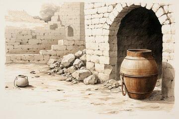 Poster - A drawing of a stone water jar, connecting to Jesus' miracle of turning water into wine at the wedding in Cana.