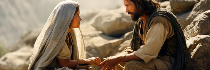 jesus' conversation with the samaritan woman at the well. AI generativ.