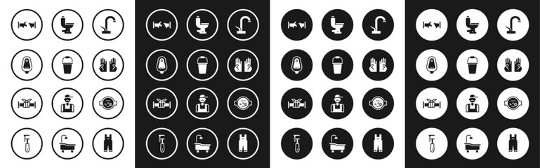 Wall Mural - Set Water tap, Bucket, Toilet urinal or pissoir, Broken pipe, Rubber gloves, bowl, meter and Industry metallic icon. Vector