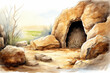 An illustration of an empty tomb with the stone rolled away, symbolizing the resurrection on Easter morning.