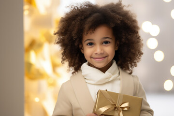 Wall Mural - Smiling African American girl holding a gold-wrapped gift