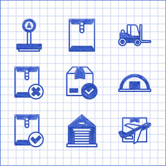 Wall Mural - Set ackage box with check mark, Warehouse, Plane and cardboard, Envelope, Delete envelope, Forklift truck and Scale icon. Vector