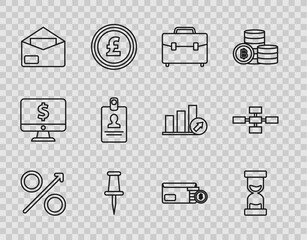 Poster - Set line Percent up arrow, Old hourglass with flowing sand, Briefcase, Push pin, Envelope, Identification badge, coin dollar symbol and Business hierarchy organogram chart infographics icon. Vector