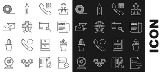 Wall Mural - Set line Document with minus, Flowers pot, News, Telephone handset, Target, Envelope, Scotch and Search concept folder icon. Vector