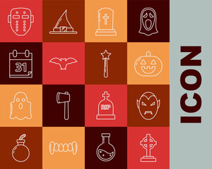 Wall Mural - Set line Tombstone with cross, Vampire, Pumpkin, Flying bat, Calendar Halloween date 31 october, Hockey mask and Magic wand icon. Vector