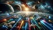 © mockupzord - Dynamic space battle scene featuring various spaceships, vibrant light trails, and celestial bodies