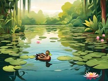 A Serene Pond, With A Lone Duck Gracefully Swimming In Its Depths, Surrounded By Vibrant Lily Pads And Lush Greenery- IA Generativa