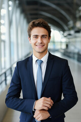 Wall Mural - Portrait of a young businessman standing in corridor of modern office building.