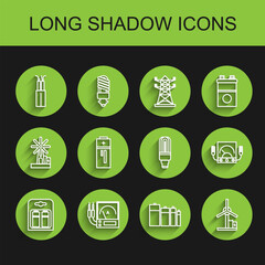 Poster - Set line Battery in pack, Ampere meter, multimeter, voltmeter, Electric cable, Wind turbine, and LED light bulb icon. Vector