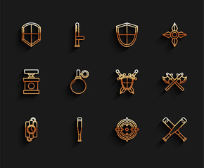 Sticker - Set line dynamite stick and timer clock, Baseball bat, Shield, Target sport, Crossed baseball, Hand grenade, medieval axes and Medieval shield with crossed swords icon. Vector