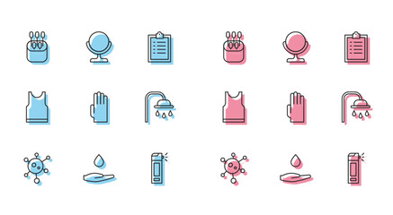 Poster - Set line Virus, Washing hands with soap, Cotton swab for ears, Bottle nozzle spray, Rubber gloves, Shower head, Sleeveless T-shirt and Round makeup mirror icon. Vector