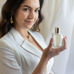 Beautiful lady's hand holding a luxury perfume bottle