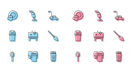 Wall Mural - Set line Toilet brush, Cleaning service, Washing dishes, Full trash can, table, Handle broom, Trash and Vacuum cleaner icon. Vector