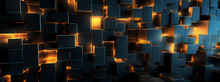 High Definition Orange And Blue Cubes Backgrounds For Walls, In The Style Of Dark Black And Gold, Futuristic Cityscapes, Luminous 3d Objects, Shaped Canvas, Circuitry, Stark Contrast Of Light And Shad