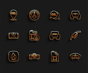 Sticker - Set line Fire flame, Metallic pipes and valve, Refill petrol fuel location, Canister for motor oil, Motor gas gauge, Gasoline pump nozzle and Spare wheel the car icon. Vector