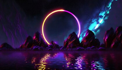 Abstract neon background, mystical cosmic landscape, pink blue and yellow glowing ring over terrain, round frame, virtual reality, dark space, ultraviolet light, crystal mountains, rocks, ground.