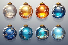 Set Of Christmas Balls. Merry Christmas And Happy New Year Concept. Background With Copy Space