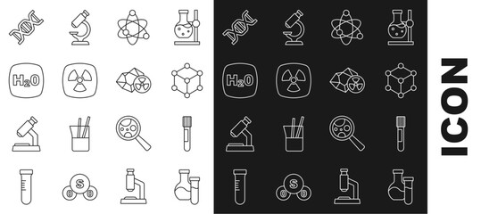 Poster - Set line Test tube, Molecule, Atom, Radioactive, Chemical formula H2O, DNA symbol and icon. Vector