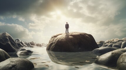 A stranded businessman stuck on an isolated rock as a corporate idea for financial crisis or being lost and career or financial help in an illustration style.