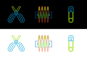 Sticker - Set line Classic closed steel safety pin, Scissors and Needle for sewing icon. Vector