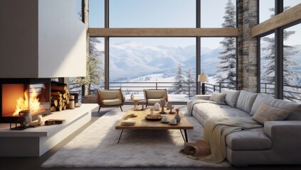 Wall Mural - A Cozy Living Room with Stylish Furniture and a Warm Fireplace