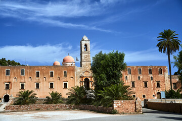 Poster - Bell tower, gate and stairs to the historic monastery of Agia Triada on the island of Crete