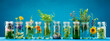 Herbal extracts in bottles on a blue background. Generative AI,