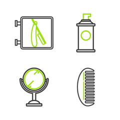 Canvas Print - Set line Hairbrush, Hand mirror, Shaving gel foam and Barbershop with razor icon. Vector