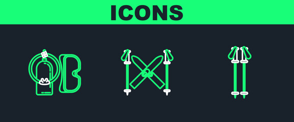 Sticker - Set line Ski poles, Diving mask and aqualung and sticks icon. Vector