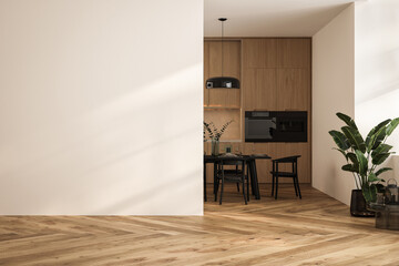 modern interior design of apartment, kitchen, dining room with table and chairs, empty living room w