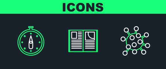 Sticker - Set line Bacteria, Compass and Open book icon. Vector