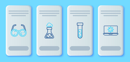 Canvas Print - Set line Test tube and flask chemical, Laboratory glasses and Bacteria on laptop icon. Vector