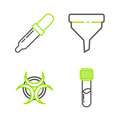 Poster - Set line Test tube and flask chemical, Biohazard symbol, Funnel or filter and Pipette icon. Vector