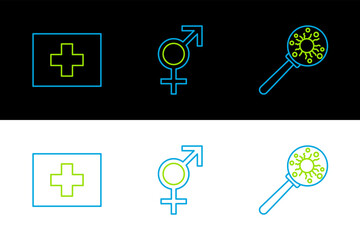 Sticker - Set line Virus under magnifying glass, First aid kit and Gender icon. Vector