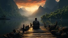 Serene Man On A Dock, Captivated By The Breathtaking View Of Towering Mountains.