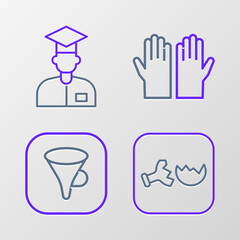 Wall Mural - Set line Broken flask, Funnel or filter, Medical rubber gloves and Laboratory assistant icon. Vector